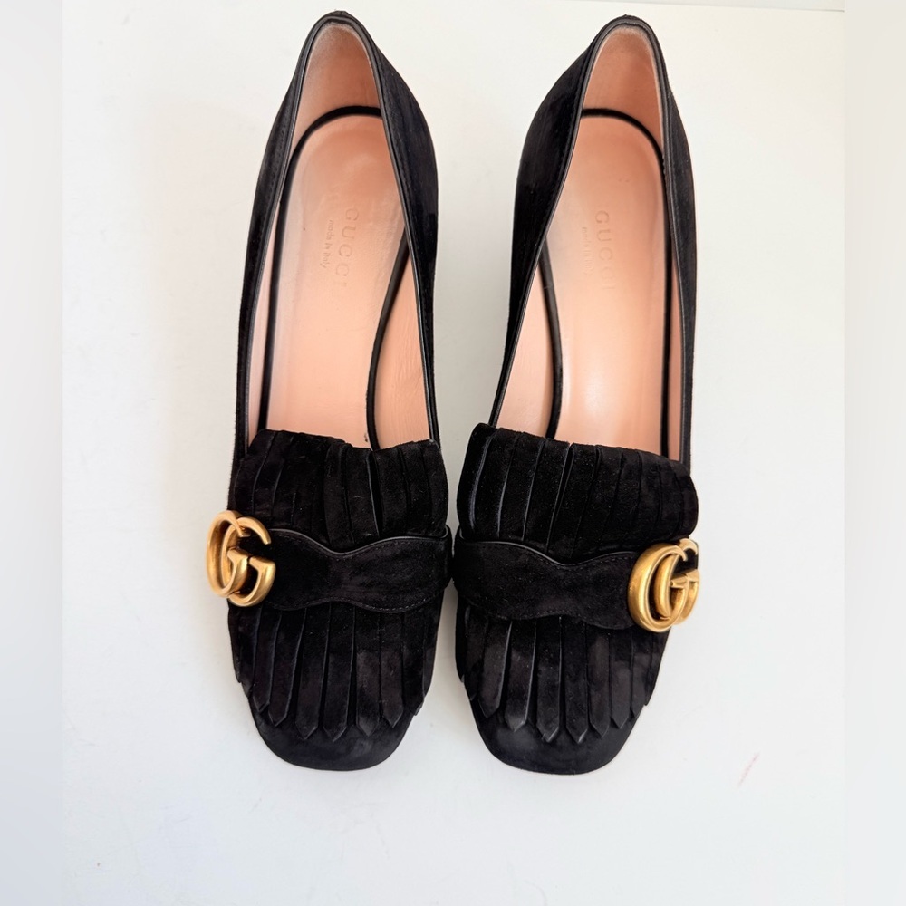 Gucci Black Suede Leather Marmont GG Fringe 55mm Loafer Pumps EU 37.5 - Picture 2 of 11
